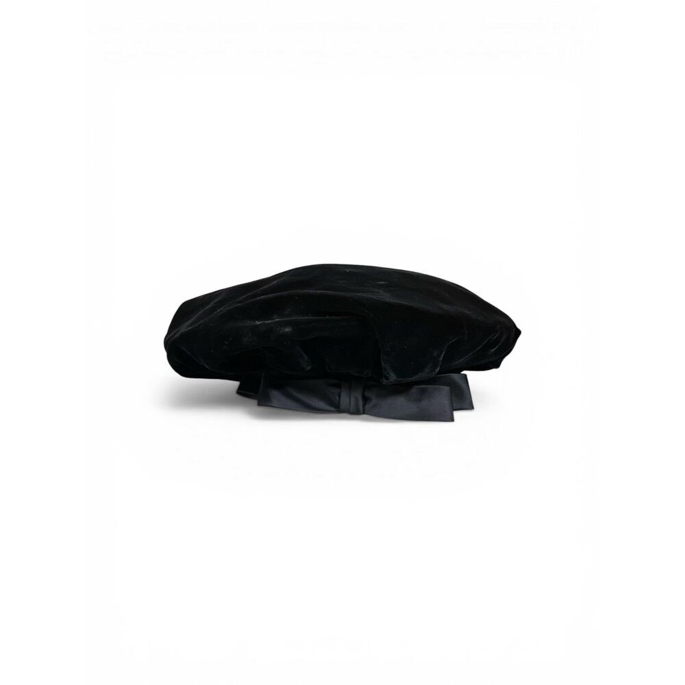 Joseph Magnin Black Velvet Tam Beret Hat Satin Bow Vintage Womens